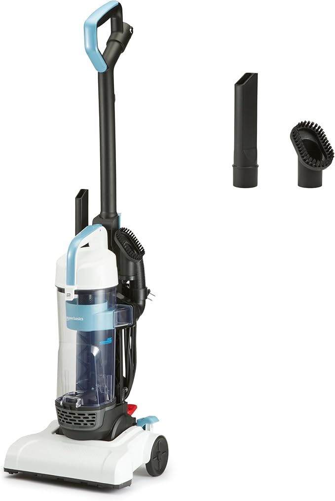 Amazon Basics Upright BaglessVacuum Cleaner for Carpet andHard Floors, Washable Filter,Crevice and Upholstery Tools,Detachable Handle, Lightweight,1.7L Dust Cup, 25ft Cord,Black/White