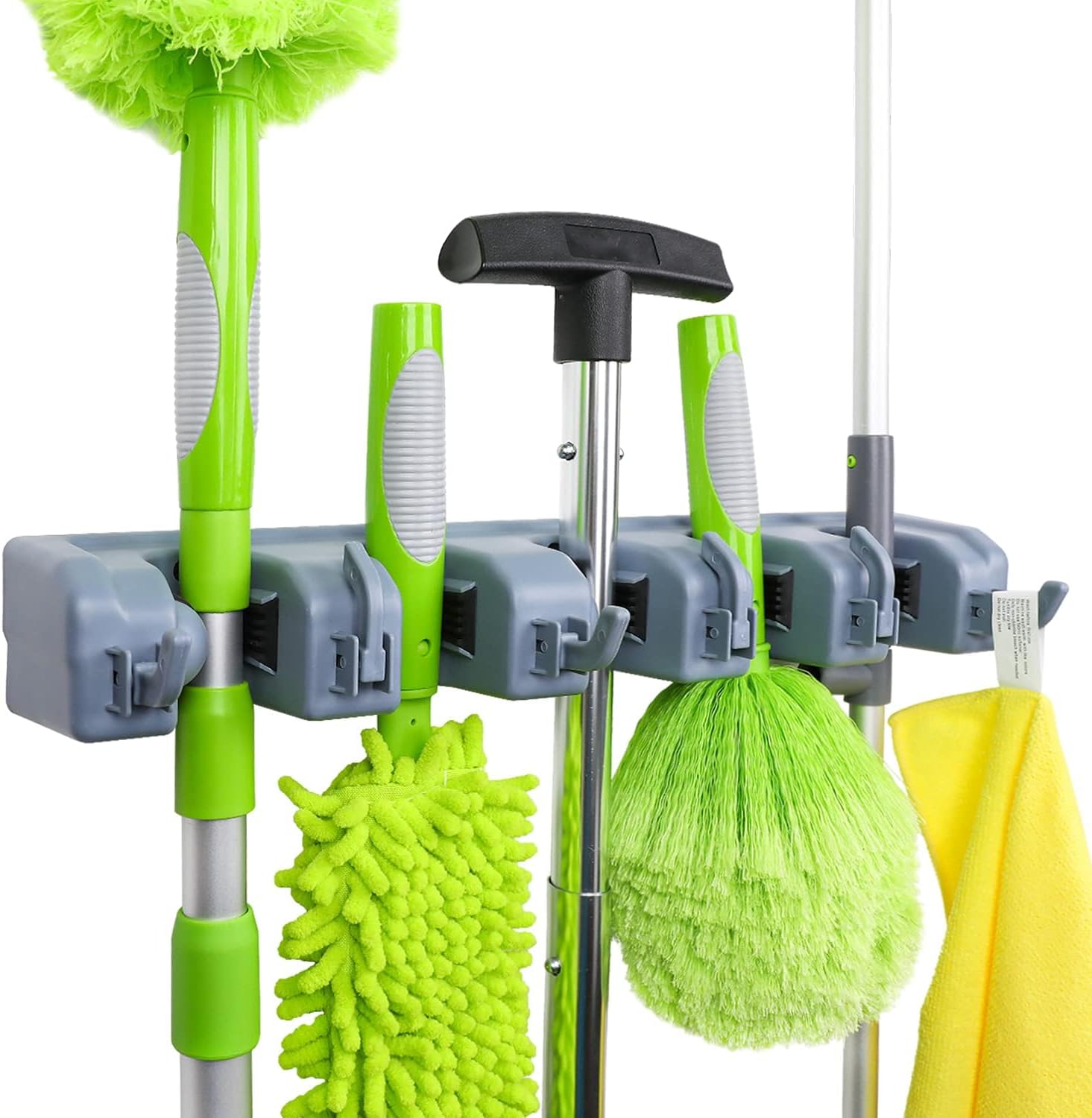 Amazon Basics RectangularHeavy Duty Wall Mount Broomand Mop Holder, Sturdy ToolOrganizer with Hooks and Slotsfor Garage, Garden, Laundry,Kitchen Organization, 2.36 x16.9 x 3.35 in, Gray